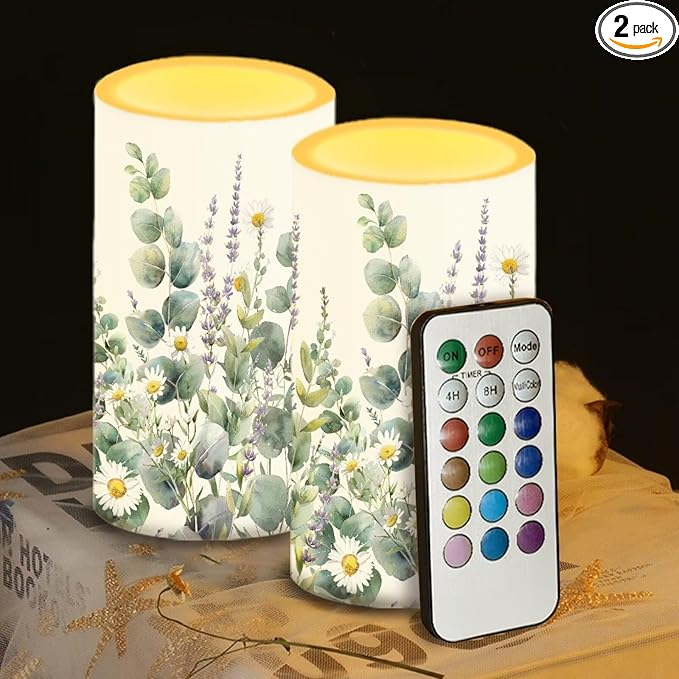 Floral Leaves Flameless Candles 2 Pack 6 x 3 inch Battery Operated Candles with Multicolor Timer Remote Control LED Fake Candles for Warm Light Dinner Table Home Decor