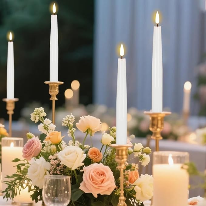 Flameless Taper Candles with Remote, Real Wax LED Taper Candles Battery Operated with 3D Flickering Wick, 4 Pack White Flameless Candlesticks for Halloween Christmas Wedding Holiday Decor