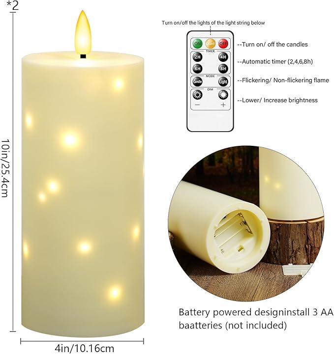 10" x 4" Large Outdoor Waterproof Flickering Flameless Candles with Timer,2Pcs Battery Operated LED Pillar Candles with Embedded Star String for Outdoor Lanterns,Porch,Patio Decor(Ivory)