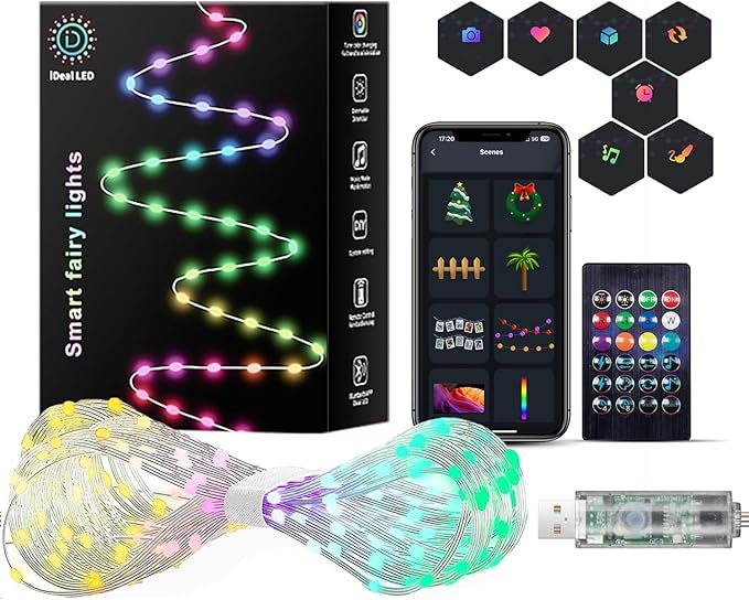 Smart Fairy String Lights 66Ft 200LEDs, Color Changing String Lights w/Remote & App Control, Multicolor Dynamic DIY RGB-IC Twinkle Light for Bedroom, Christmas, Party, Wedding Indoor Decor