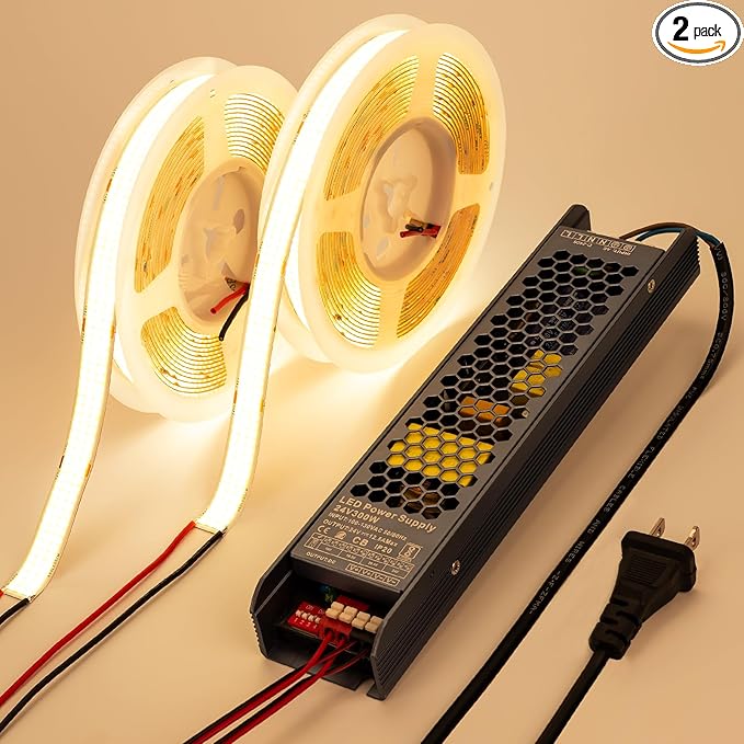 24V 15MM Wide COB LED Strip Light 32.8ft (2 Rolls of 16.4ft), 3000K Warm White Super Bright 25W/M 2750LM/M CRI 92 LED Tape Lights with Power Supply for Living Room Commercial