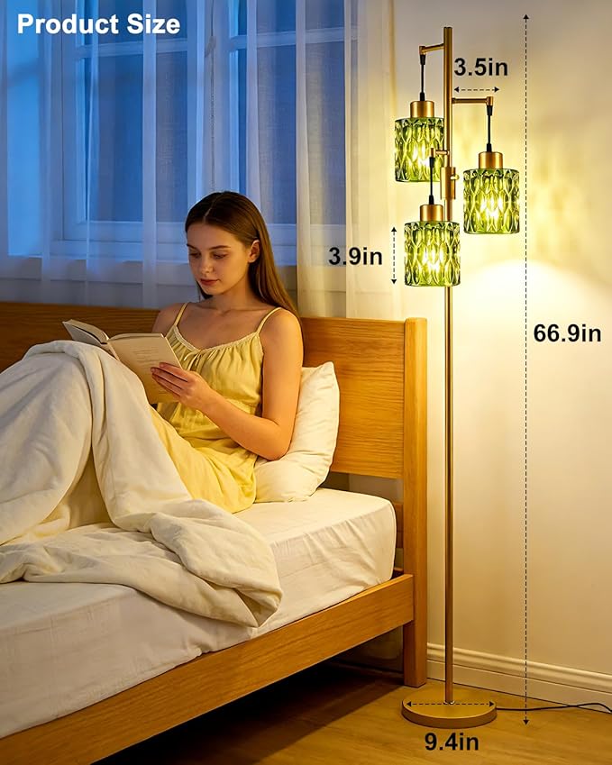 3-Light Floor Lamps for Living Room, Farmhouse Dimmable Gold Floor Lamp with Green Glass Shade& Bulbs Included, Mid Century Standing Tall Lamp for Bedroom/Sofa Beside/Corner