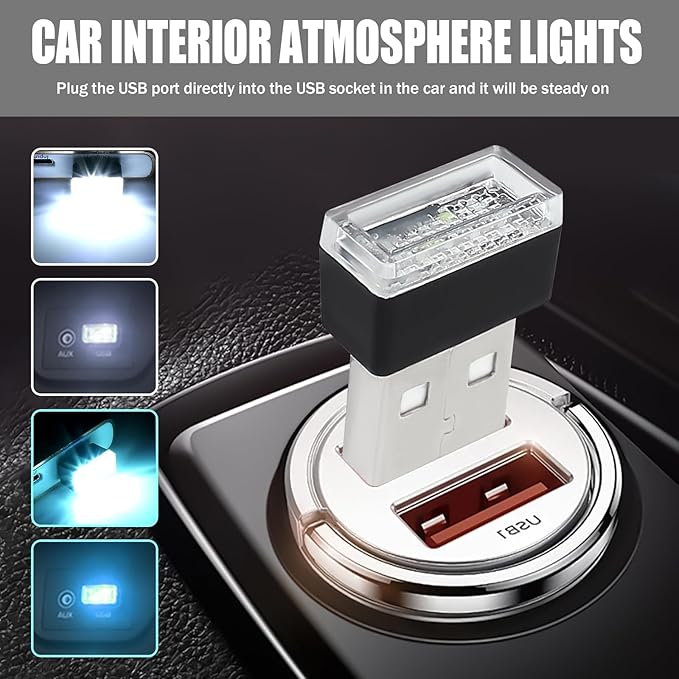 4 PCS USB LED Car Interior Atmosphere Lamp, Portable Mini Auto LED Decor Night Light, Plug-in USB Interface Ambient Lighting Kit, Universal Car Interior Accessories(White+Ice Blue)