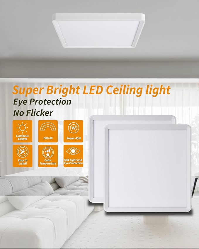 Square Led Flush Mount Ceiling Light,20 Inch 50w 4520lm led Light 3000k,4000k,6000k CCT Selectable,Flat Panel Super Slim Led Ceiling Light Fixture,for Living Dining Kitchen Bedroom Room (1Pack-White)