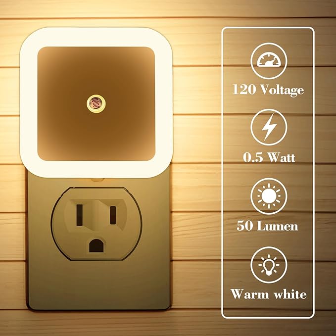 KINUR 6 Pack Night Light,Warm White LED Night Lights Plug into Wall with Dusk to Dawn sensors, Plug in Night Lights for Kids Room, Bedroom, Bathroom, Baby Nursery,Stair Lights, Hallway Light