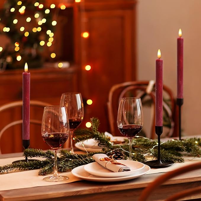 Wondise Flameless Taper Candles with Timer, 2 Pack Battery Operated Flameless Flickering Candles Real Wax Burgundy LED Candle for Christmas Wedding Dinner Decorations