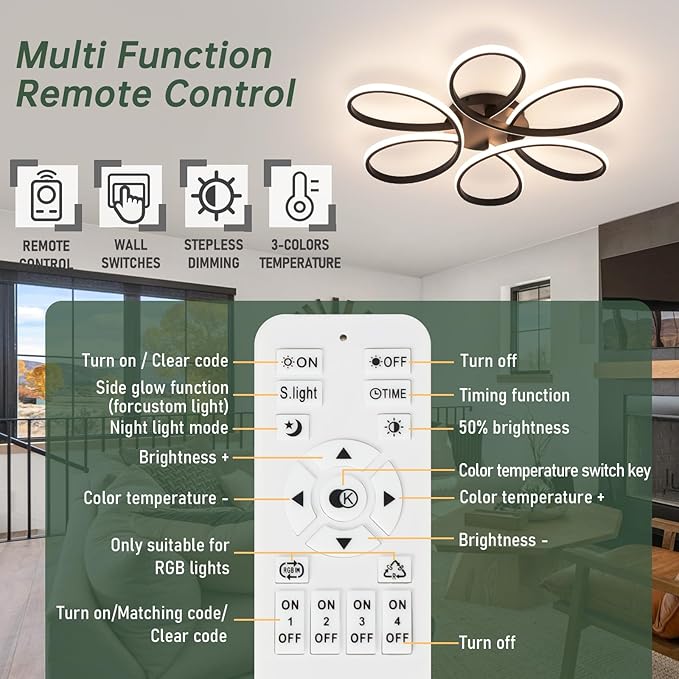 26inch Modern LED Ceiling Light, 6 Rings Flower Flush Mount Light Fixture with Remote Control Black Dimmable Ceiling Lamp for Living Room, Bedroom, Dining Room, Hallway, Kitchen