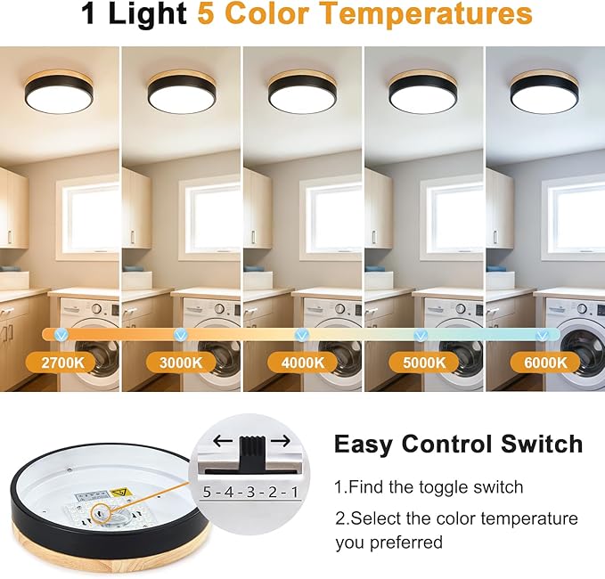 Modern Dimmable Wood Ceiling Light, Black Round LED Flush Mount Ceiling Lighting Fixtures, Minimalist Ceiling Lamp for Kitchen Bedroom Laundry Room Living Room Entryway Hallway&11.81 in