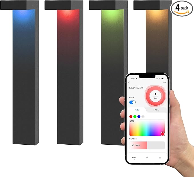 GKOLED 4 Pack Low Voltage Landscape Pathway Light Fixture, 9-15V AC DC Outdoor Walkway Lighting with APP Control, Color Changing Warm White for Yard Lawn, Stake, Die-cast Aluminum Housing