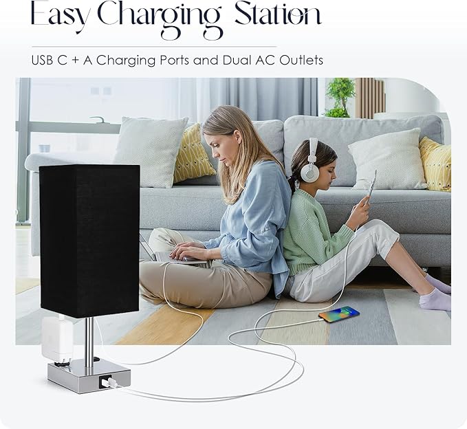 Soilsiu Bedside Lamp with USB Ports - Touch Control Table Lamp for Bedroom with USB C+A Charging Ports & AC Outlets, 3 Way Dimmable Nightstand Light for Living Room (Bulb Included, Black)