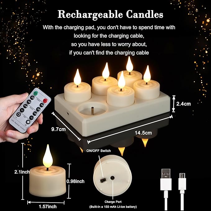 Flameless Rechargeable Tea Lights with Remote Timer Battery Operated Realistic LED TeaLight for Home Wedding Table Halloween Centerpieces Decor (6pcs,with Charging Station)