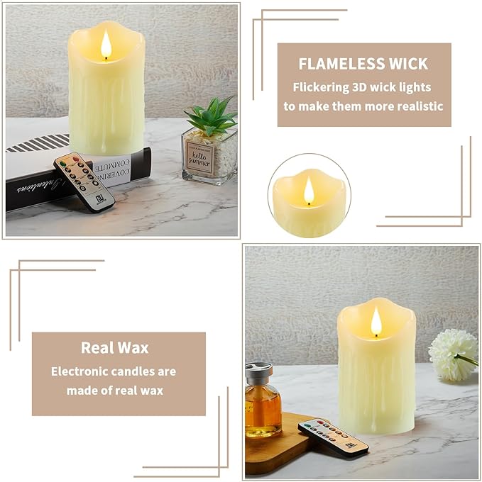 Flameless Battery Operated Flickering Candles with Remote and Timer, Real Wax Pillar Electric LED Candles for Home, Wedding, Halloween, Christmas, Party - 3" x 4"