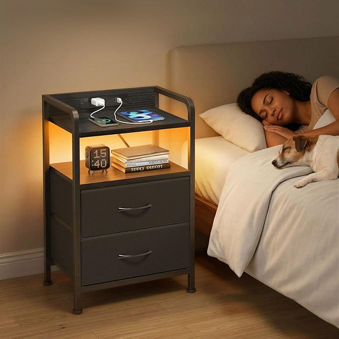 Fixwal Night Stand for Men Bedroom with Charging Station & LED Lights, Nightstand with 2 Fabric Storage Drawers and Edge, Black