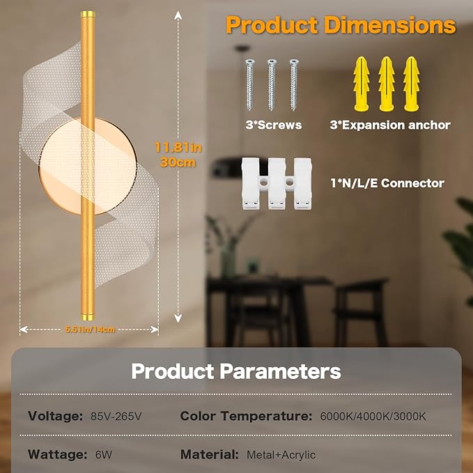 Modern LED Wall Sconce - 12" Height Spiral Wall Lamp with Acrylic Shade - 3000K 4000K 6000K Indoor Hardwired Wall Fixture for Bedroom Living Room Hallway Corridor (Gold 1pack)