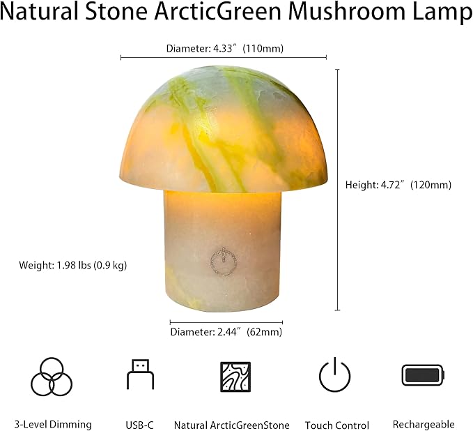 Arctic Green Gemstone Mushroom Lamp - Natural Luxury Stone Night Light with LED, Touch Control 3 Brightness, USB Rechargeable Bedside Decor Gift
