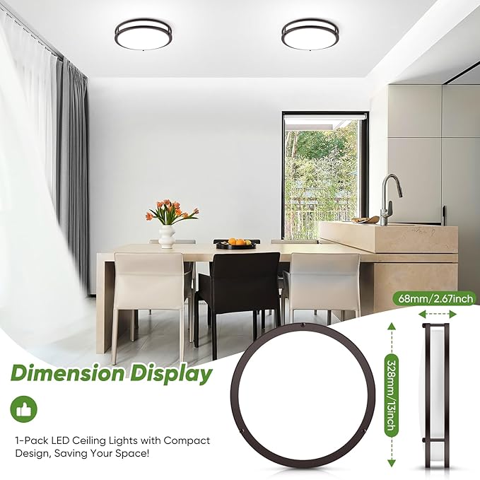 1-Pack 36W LED Ceiling Light, 13inch Oil Rubbed Bronze Flush Mount Light Fixture 3600LM 2700K/3000K/4000K/5000K/6500K Adjustable Ceiling Light, Modern Dimmable Lighting for Kitchen Hallway Bathroom