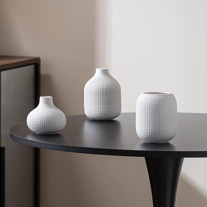 White Ceramic Vases for Decor, Weave Style Modern Minimalist Decorative Vase Set of 3 for Table Shelf, Bookshelf Decoration