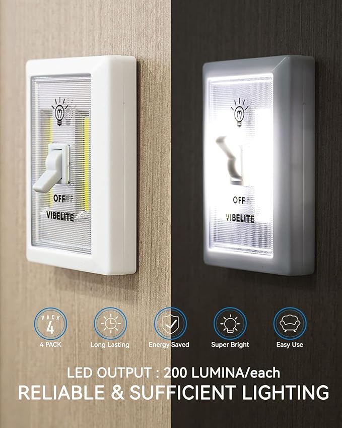 VIBELITE Closet Light, Battery Operated Switch Light, Tap Light, Touch, Push Night Lights, Wall Wireless Mount Under Cabinet, Shelf, Shed, Kitchen, Garage, Attic, RV, Lighting Installations (6-Pack)
