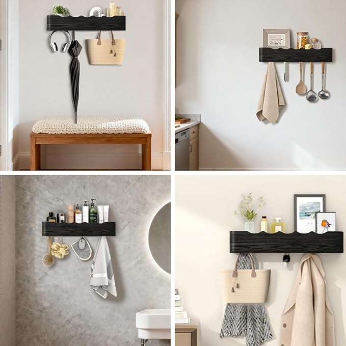 Coat Rack Wall Mount Entryway Organizer Modern Key Holder Wall Mount with Wooden Shelf Entryway Hooks for Bedroom Kitchen Hallway Bathroom for Hanging Coats Hats Dog Leashes Bags Towels