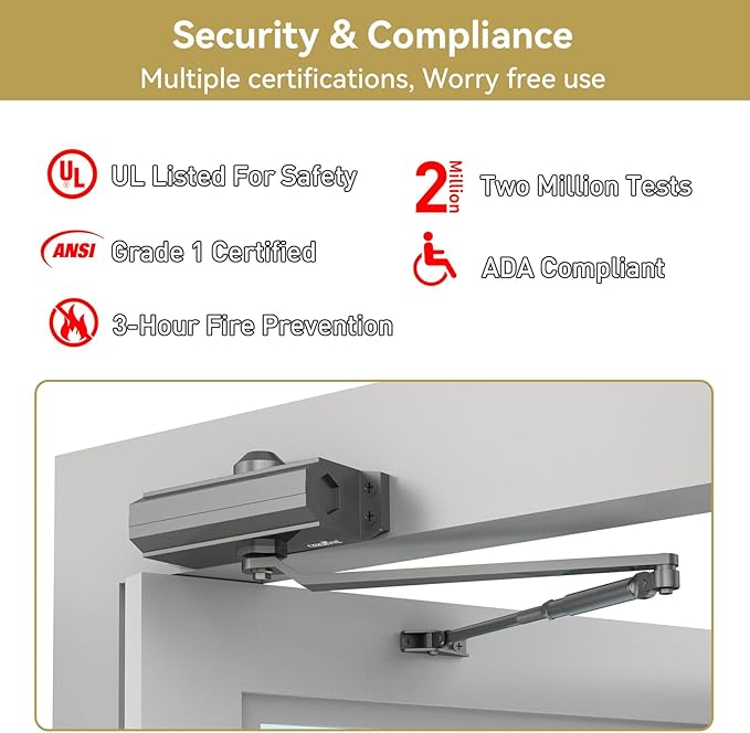 Automatic Door Closer Heavy Duty Fire Prevention Spring Hydraulic Aluminum Alloy Surface Mounted Residential Commerical Door Closer (Black, Size2-Door Weights 99-187 Lbs)