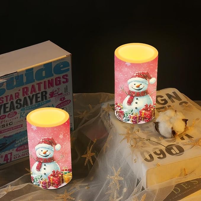 Flameless Pillar Candles Christmas Decorations Snowman Pink Snowflake Flameless Candles with 18-Key Remote Timer for Home Bedroom Living Room Dining Room Table Decorations Set of 2