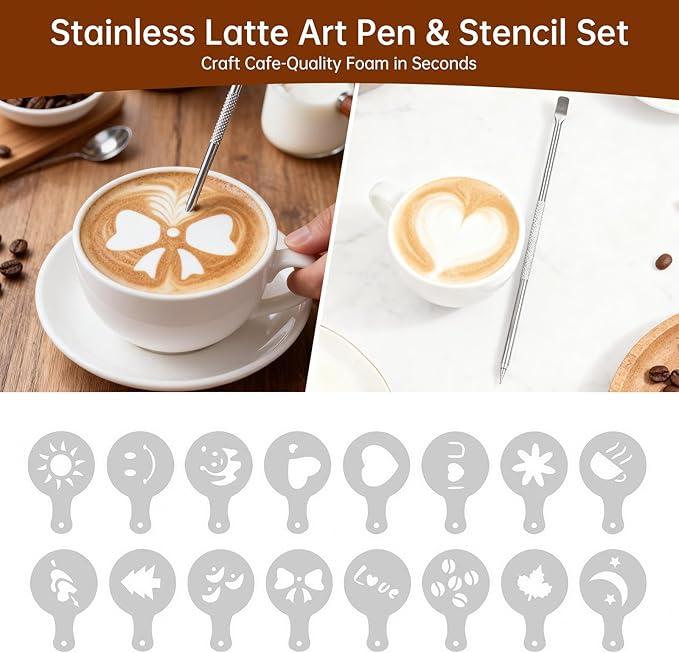 9 Pcs Espresso Accessories Kit, 54mm Espresso Tamper Tools, with Wooden Espresso Tamping Station, Distributor, Stirrer, Dosing Funnel,Puck Screen, Brush, Latte Art Pen and Decorative Stencils