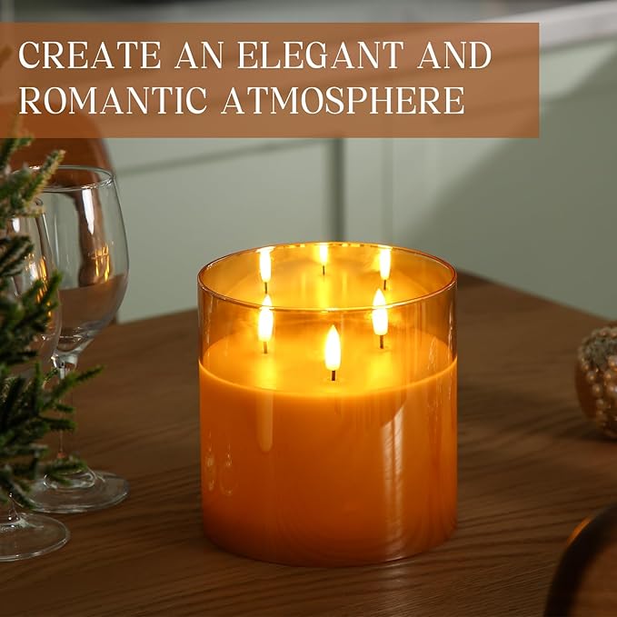 Retisee 6'' x 6'' Extra Large Flameless Candles, 3 Wick Glass Large Candles with Remote Control and Timer Function, Real Wax LED Pillar Flickering for St. Patrick's Spring Party Decor(Gold,1 Pcs)