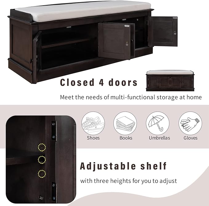 Merax Farmhouse Solid WOD Entryway Shoe Bench with Seat Cushion Multifunctional Storage Cabinet for Hallway Living Room Bedroom Espresso