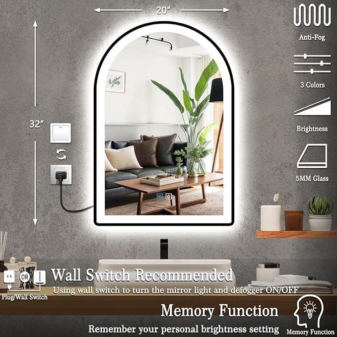 20 x 32 Inch Black Arch LED Vanity Mirror with Lights Black Frame Arched LED Mirror for Bathroom Makeup Desk Wall 32" Black Frame Arched Lighted Mirrors Smart Memory 3 Color Dimmable AntiFog