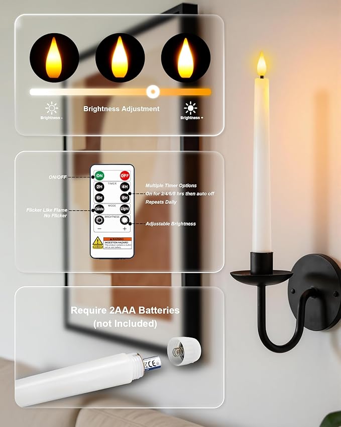 Homemory 24 Pcs Waxy Flameless Taper Candles with Remote, Led Flameless Candlesticks Classic Tall Candle, Flickering Battery Operated Taper Candles for Bedroom, Dining Room, White, 9.6 inches