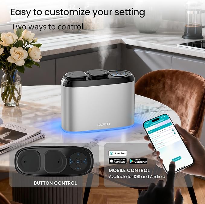Waterless Scent Diffuser,2 * 50ml Hotel Scent Oils Included-Whole House Air Freshener-Scent Diffusers for Home,Office,Essential Oil Diffuser Large Room,Smart, Cold-Air Tech,App Control Silver