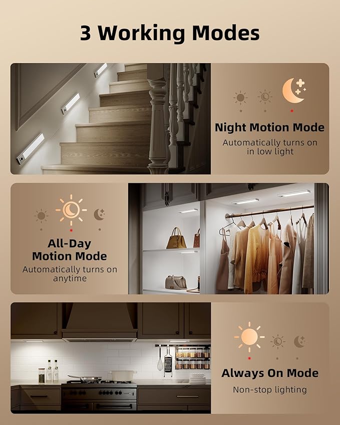 EZVALO 3-Pack Under Cabinet Lighting, 3300mAh Rechargeable Motion Sensor Light, 12inch Magnetic Closet Lights with Dimmable & 3 Color Temps, Wireless Motion Activated Lights with Remote for Kitchen