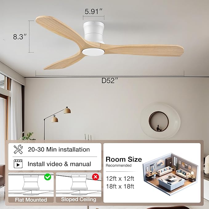 Smart 52” Wood Flush Mount Ceiling Fans with Lights and Remote,Quiet DC Motor,Outdoor Indoor Ultra Low Profile Ceiling Fan works with Alexa WIFI APP,Modern White Ceiling Fan for Bedroom Patio