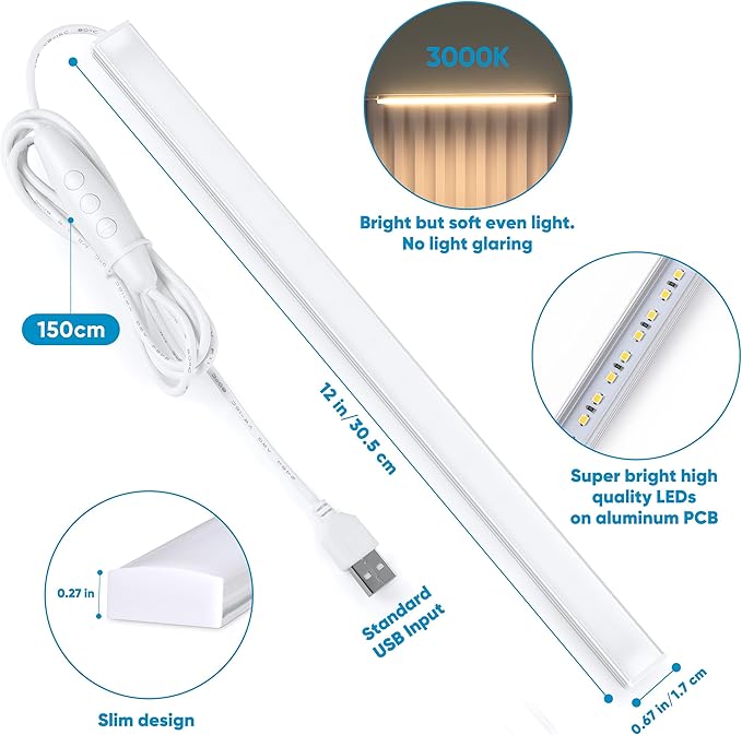 Litever Under Cabinet LED Light with USB Power for Kitchen Counter, Workbench, Coffee Station, Workspace, Closet. Adapter, Dimmer, 12 Inch LED Light. Warm White 3000K