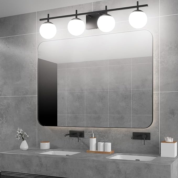 Ralbay Black Vanity Lights for Bathroom Milky Glass Mid Century Modern Bathroom Vanity Wall Light Over Mirror, Black 4-Lights