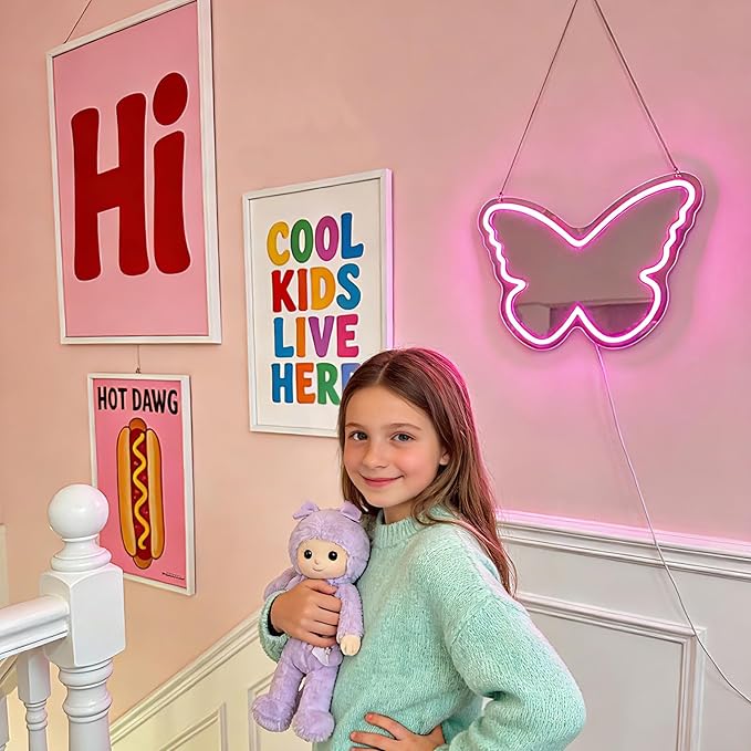 Butterfly Neon Sign with Mirror Backing - Dimmable LED Mirror Wall Decor for Girl's Bedroom, 16x12 Inch Glowing Pink Butterfly Vanity Mirror with Lights, USB Powered Kids Room Gift