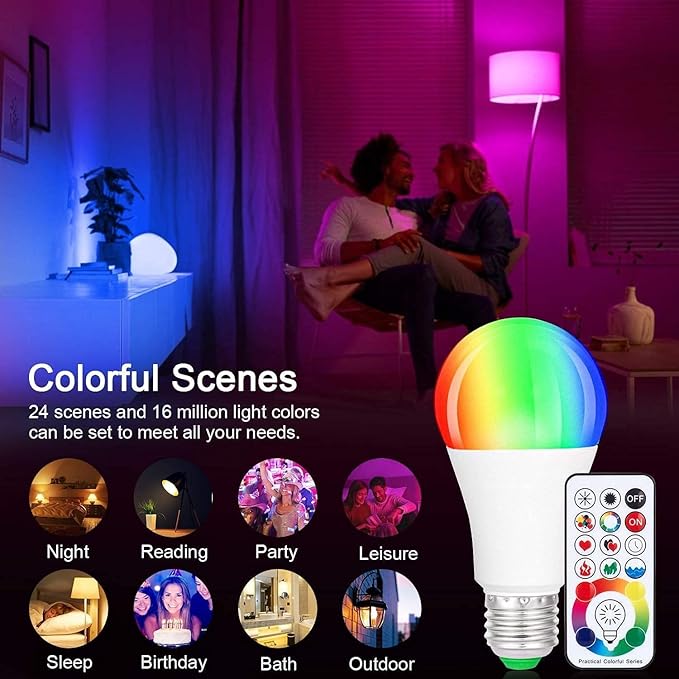SUNNEST LED Light Bulbs, 2 Pack Dimmable E26 LED Light Bulb, 10W RGBW Color Changing Light Bulb with Remote Control, Decorative Lights, Mood Light Bulb, Great for Home Decor, Stage, Party and More