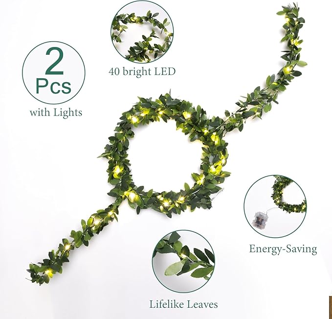 String Lights 2 Pack Artificial Ivy Vines with Lights 8 Light Modes Each 6.5Ft 20 LED Fake Vines with Fairy Lights Green Leaves Vines String Lights for Bedroom Room Garden Party Decor
