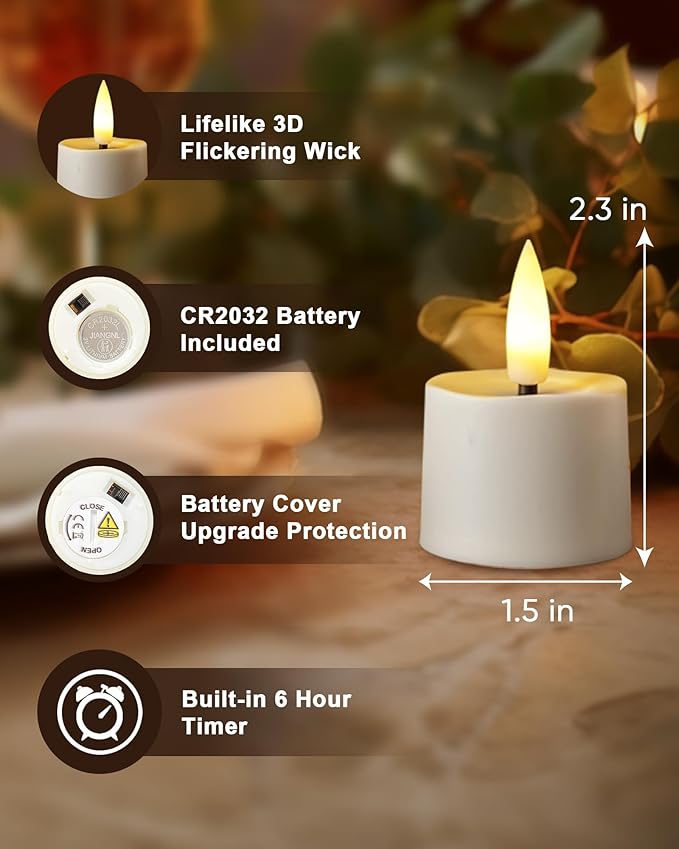 Flameless Candles, 12Pack Timer LED Votive Candles, Realistic 3D Flickering Tea Lights Candles Battery Operated with 6 Hours Timer Auto for Wedding Home Decor- White Base