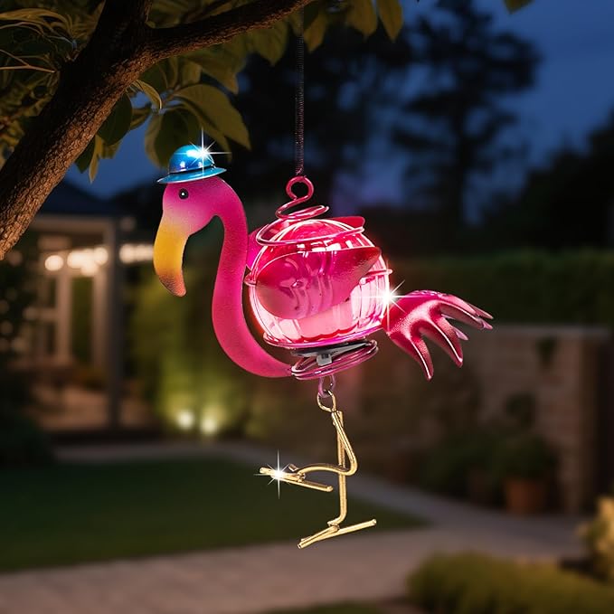 Solar Hanging Flamingo Lights LED Waterproof Powered Outdoor Garden Decor Light Unique Decorations for Sister Birthday Gardening Gifts for Mom Women Backyard Front Porch Balcony Yard Path