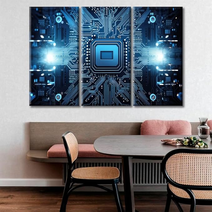 Art 3D Technology Motherboard Canvas Wall Art Microchip 3 Panels Modern CPU Artwork Prints Quantum Computer Pictures Canvas Wall Decor for Home & Office Decorations Framed Ready to Hang 60"Wx40"H