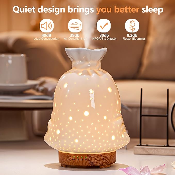 160ML Ceramic Diffuser for Essential Oils Lucky Bag Aromatherapy Diffuser Ultrasonic Cool Mist Humidifier with Intermittent Mist Modes Waterless Auto Off for Room Office