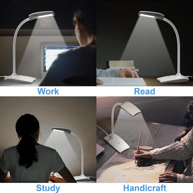 LED Desk Lamp 3 Brightness Dimmable Eye-Caring White Table Lamp Flexible Gooseneck Touch Desk Light 5W 450lm for Home Office Bedroom Reading Study 1.5M USB Cable