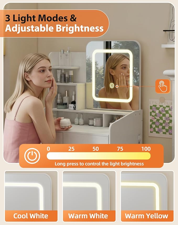 Small Makeup Vanity Desk for Girls with Lighted Mirror, 26.5” W Dressing Table with 2 Drawers and Power Outlet, 3 Light Modes & Adjustable Brightness, Vanity Table for Women Bedroom, White