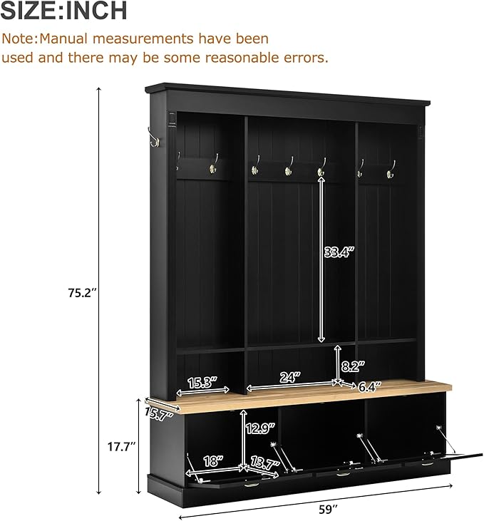 LUMISOL Hall Tree with Storage Bench, Entryway Coat Rack with LED Light and 3 Large Cabinets, Entryway Bench with Shelves and 9 Hooks, for Entrance Mudroom Living Room, Black