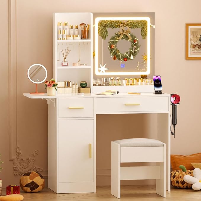 Vanity Desk with Mirror and Lights & Extral Foldable Desk, 31.5" & 39.3" Makeup Vanity Table with 4 Drawers and 3 Open Shelves, Dressing Table for Bedroom, White