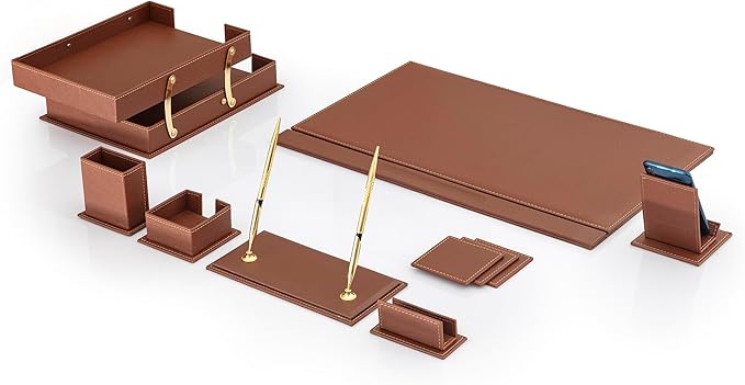 MOOGCO 12-Piece Leather Desk Set — Desk Pad 23.2" x 15.4", Double Document Tray, Pen Holder — Desk Organizer Set for Home Office & Executive Desk Accessories