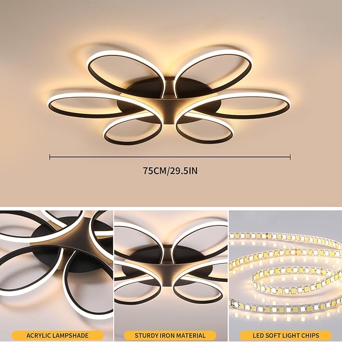 Modern LED Ceiling Light Fixture Black Flush Mount Ceiling Lamp with Remote Control Dimmable 6 Rings Flower Shaped Ideal for Living Room Bedroom Dining Room Kitchen(75CM/29.5IN)