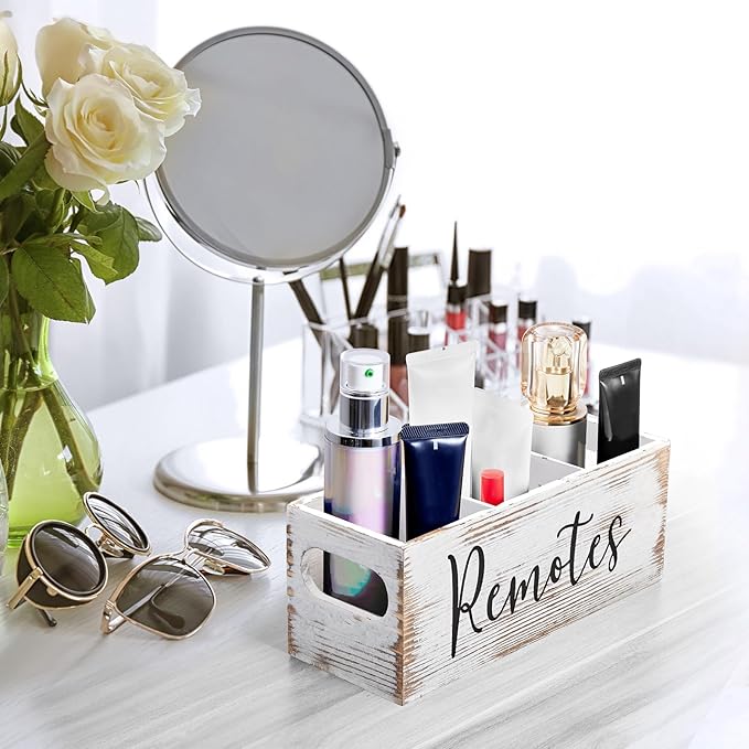 DRASTAR Remote Control Holder, Wood TV Remote Holder, Remote Storage Caddy, Remote Control Organizer (Retro White, 3 Slots)