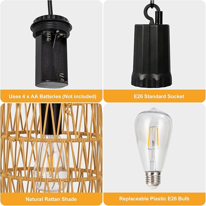 Livinlarge Battery Operated Chandelier,Hanging Rattan Pendant Lights with Timer,Gazebo Lights with Warm White Bulb,4*AA Battery Powered,for Pergola Porch Patio Outdoor Indoor Backyard Decor